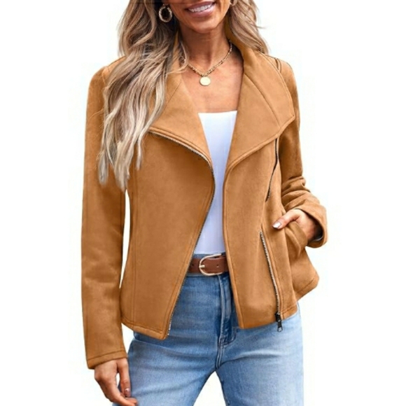 Autumet Jackets & Blazers - Women Faux Leather Cropped Open Front Coat Cardigan Style Jacket Brown